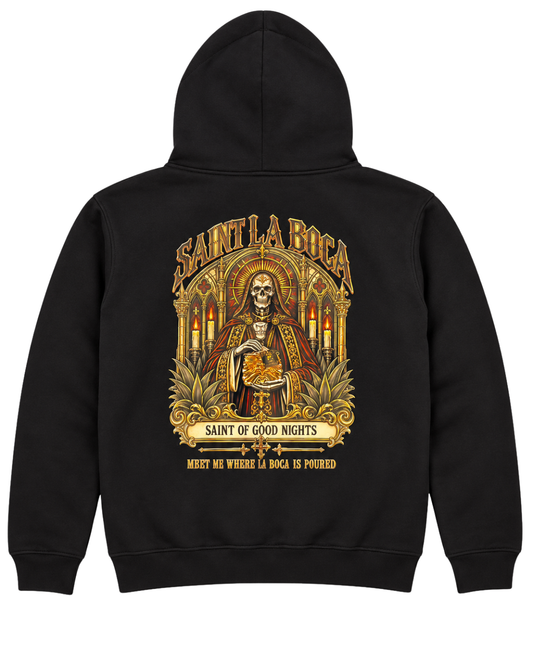 Saint La Boca “Saint of Good Nights” Skeleton Shot Top Graphic Hoodie