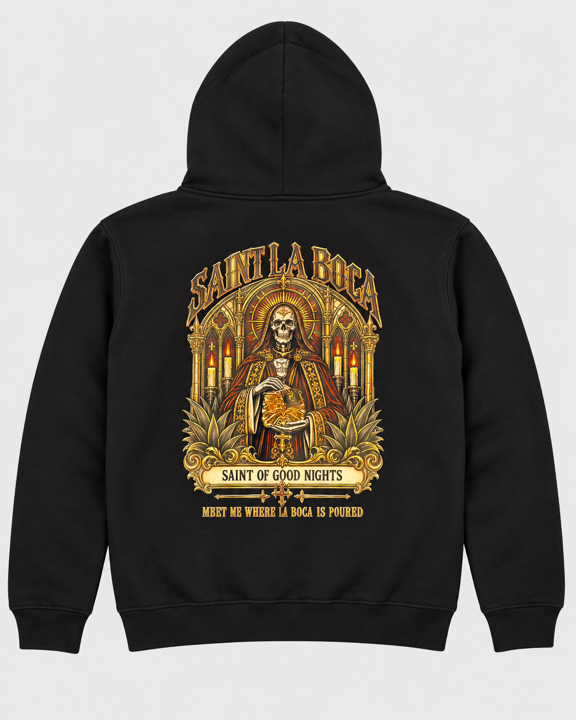 Saint La Boca “Saint of Good Nights” Skeleton Shot Top Graphic Hoodie