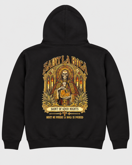 Saint La Boca “Saint of Good Nights” Skeleton Shot Top Graphic Hoodie